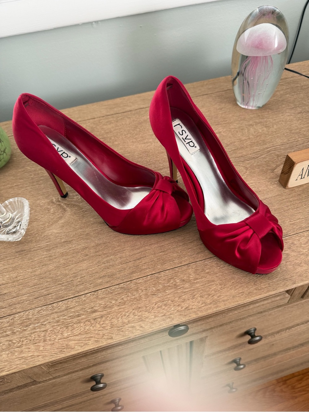RSVP Red Satin Peep-Toe Heels with Twist Knot